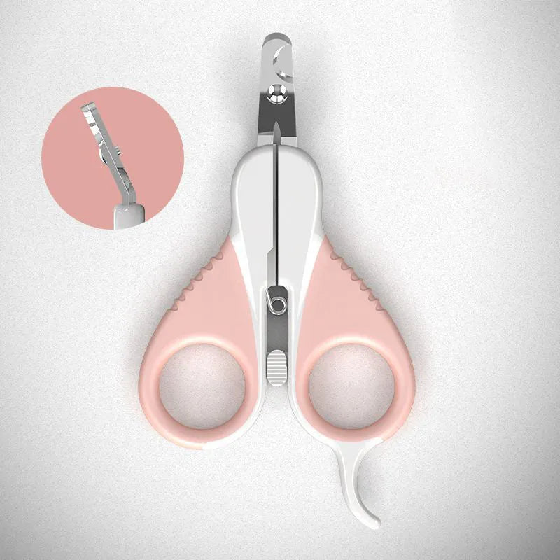 Grey and pink pet nail clippers with angled blade and safety lock for cats and small animals.