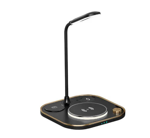 Black wireless charging desk lamp with 15W fast charging capability showing multiple device charging