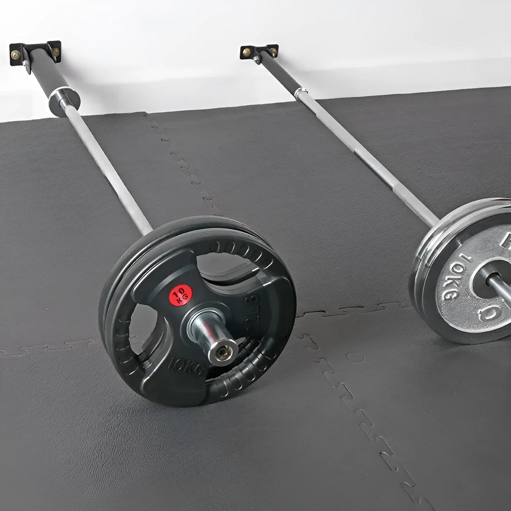 Steel wall barbell rack with 25 tubes for garage gym storage