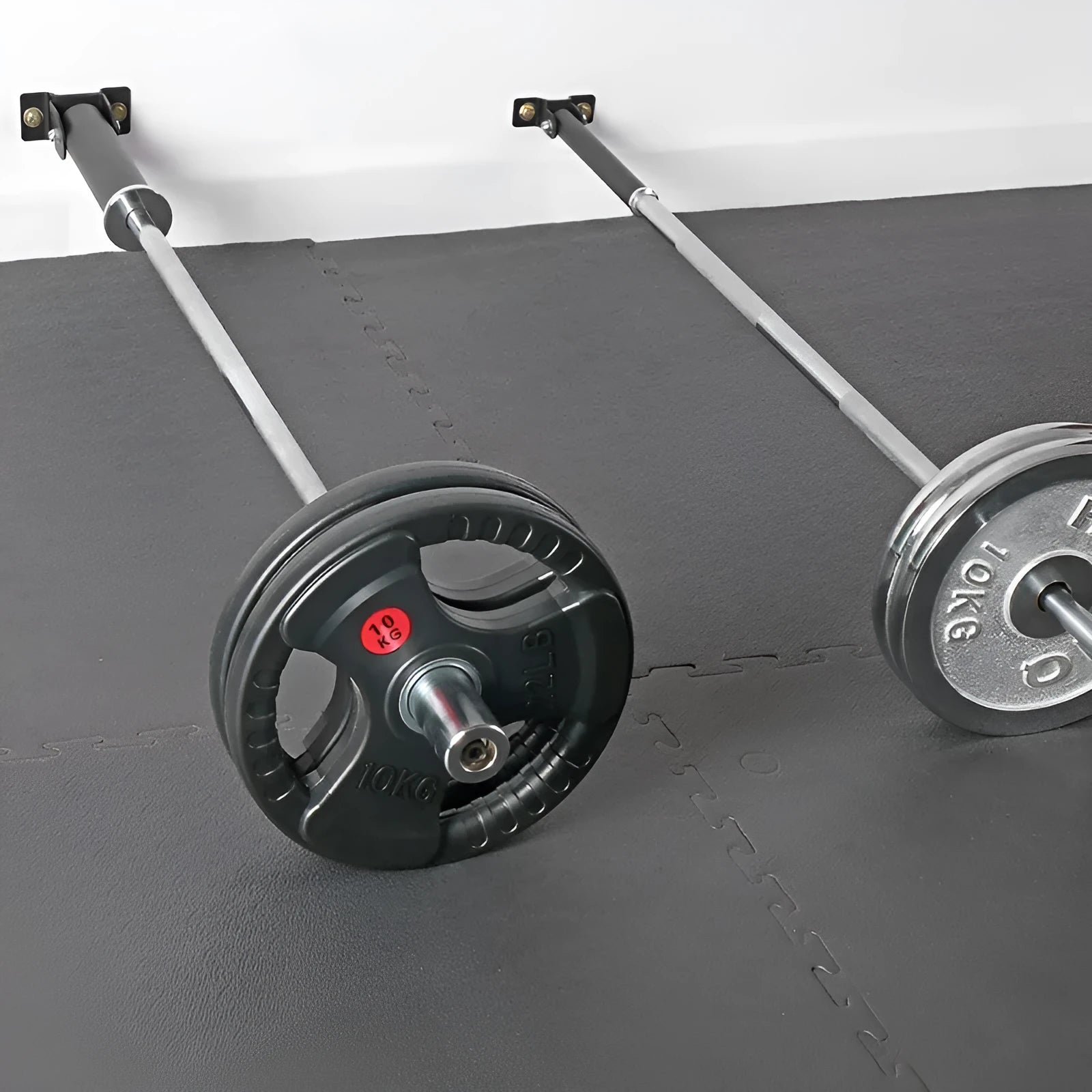 Steel wall barbell rack with 25 tubes for garage gym storage