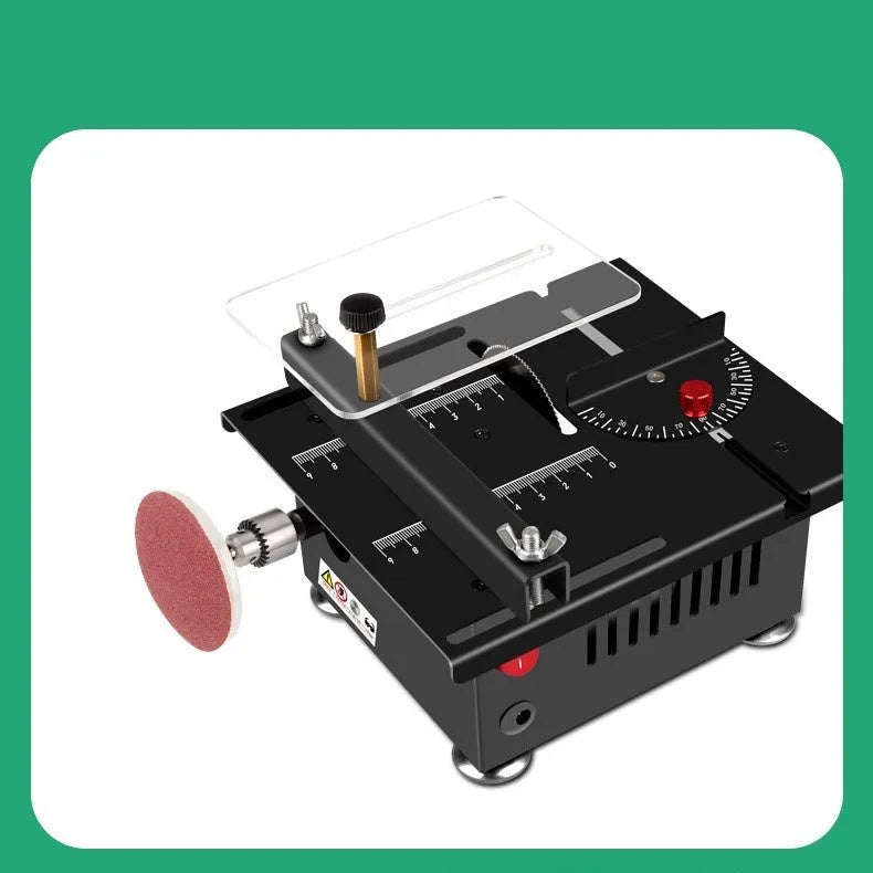 Lithium ion micro household desktop saw with metal construction showing multiple cutting angles