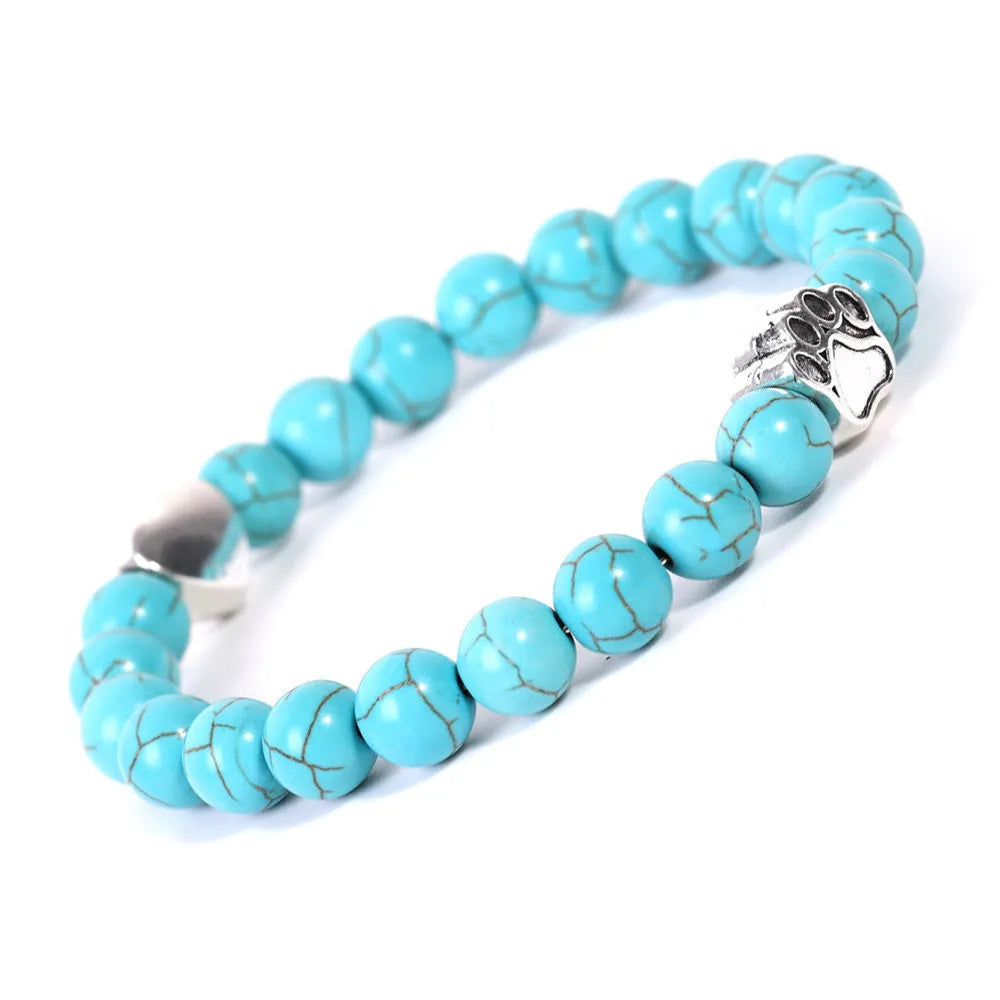 Tigereye Indian agate stone bracelet with dog's paw and love heart charms in beaded geometric design
