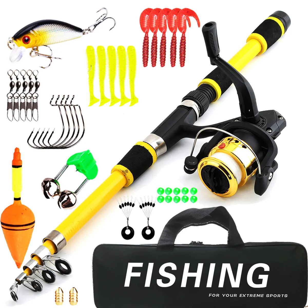 Children's fishing rod with integrated pole and wheel in blue, green, red or yellow colours
