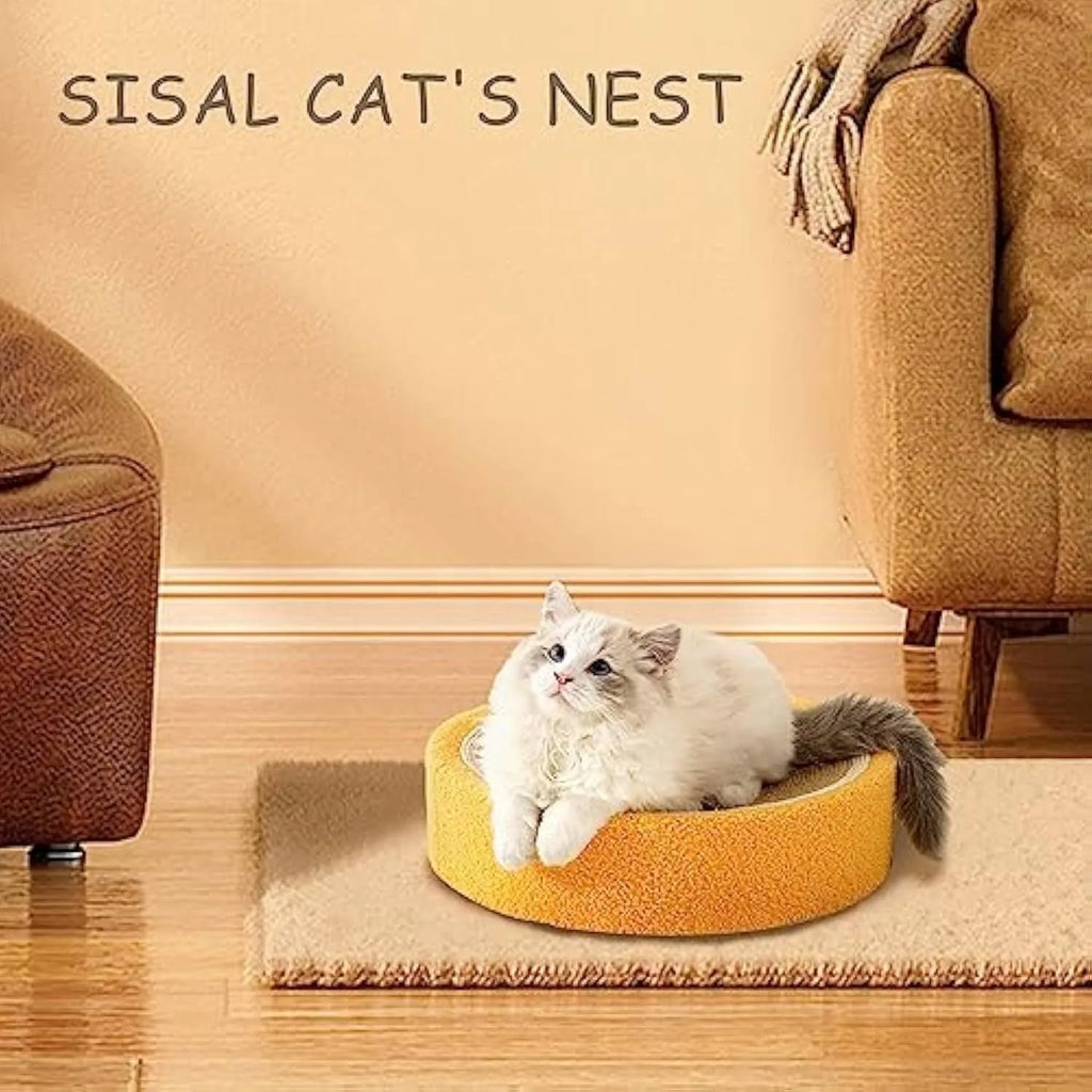 Yellow round cat scratching board with sisal surface and slightly concave centre for sleeping