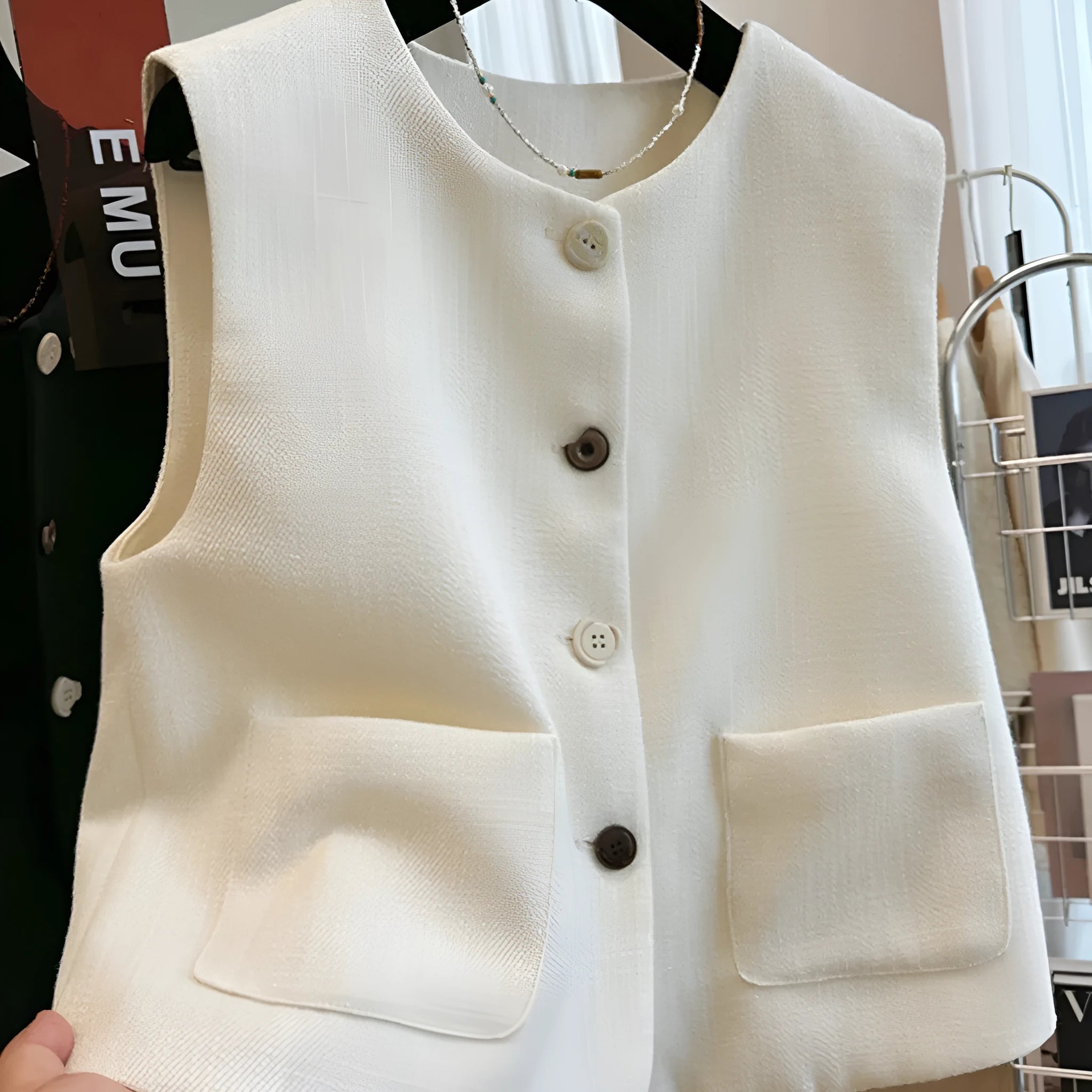 French style round neck bandage vest for women in polyester fabric, available in milky white or black