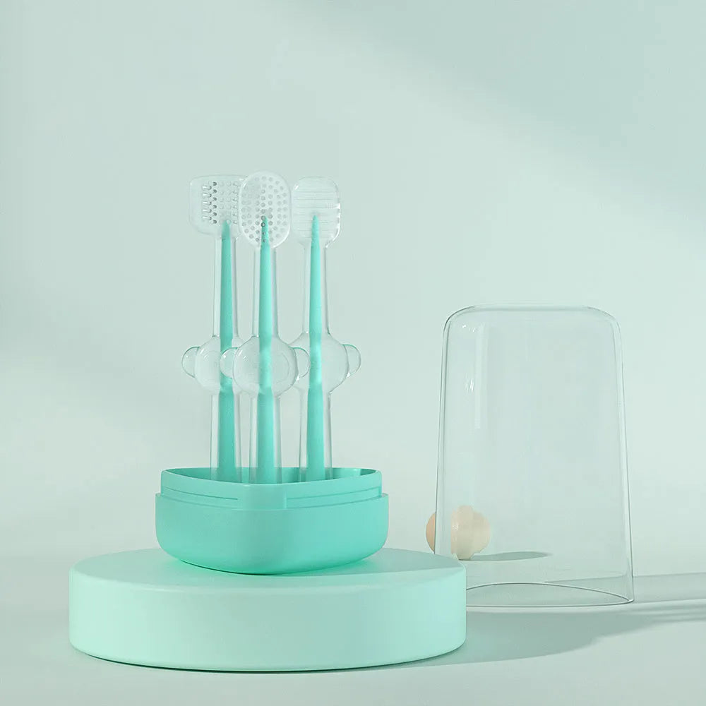 Silica gel pet toothbrush for cats and dogs in blue, green and purple colours