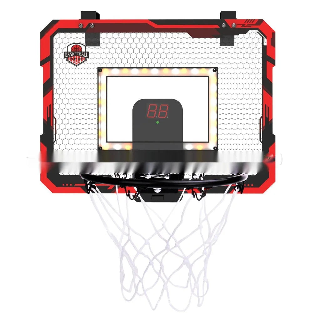 Red foldable indoor basketball hoop with suction cup mount showing dunk scoring and ball rack functions