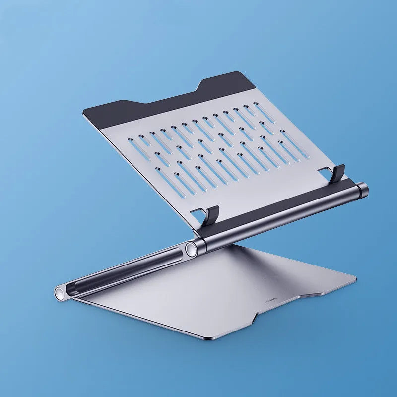 Aluminium laptop stand with 8-in-1 docking station in deep space grey on a desk