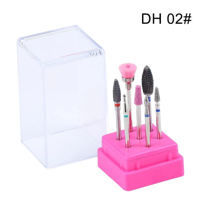 Tungsten steel nail art drill bit set with six bits, one brush, in a clear case.