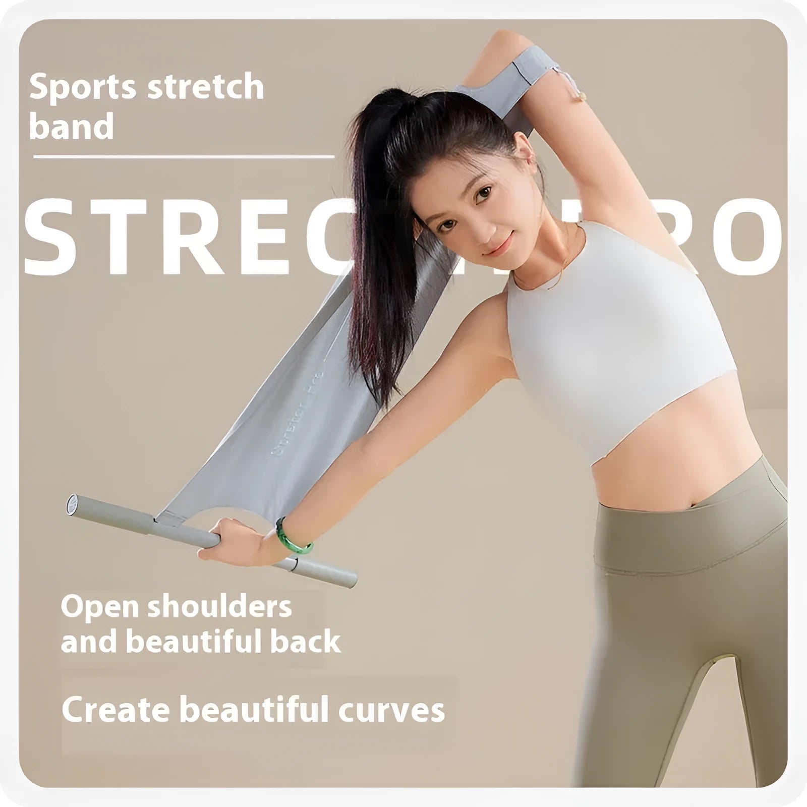 Grey and pink yoga multi-function stretching tool for shoulders, back and hips.