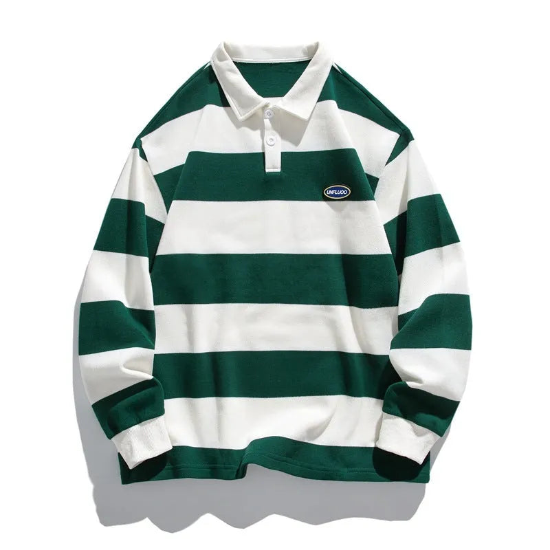 Man's loose fit long sleeve polo shirt with Hong Kong style stripes in pearl cotton fabric, shown in coffee colour.