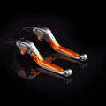 Pair of anodised metal motorcycle horn handle clutch levers with six-speed adjustable length, shown in a selection of colour finishes