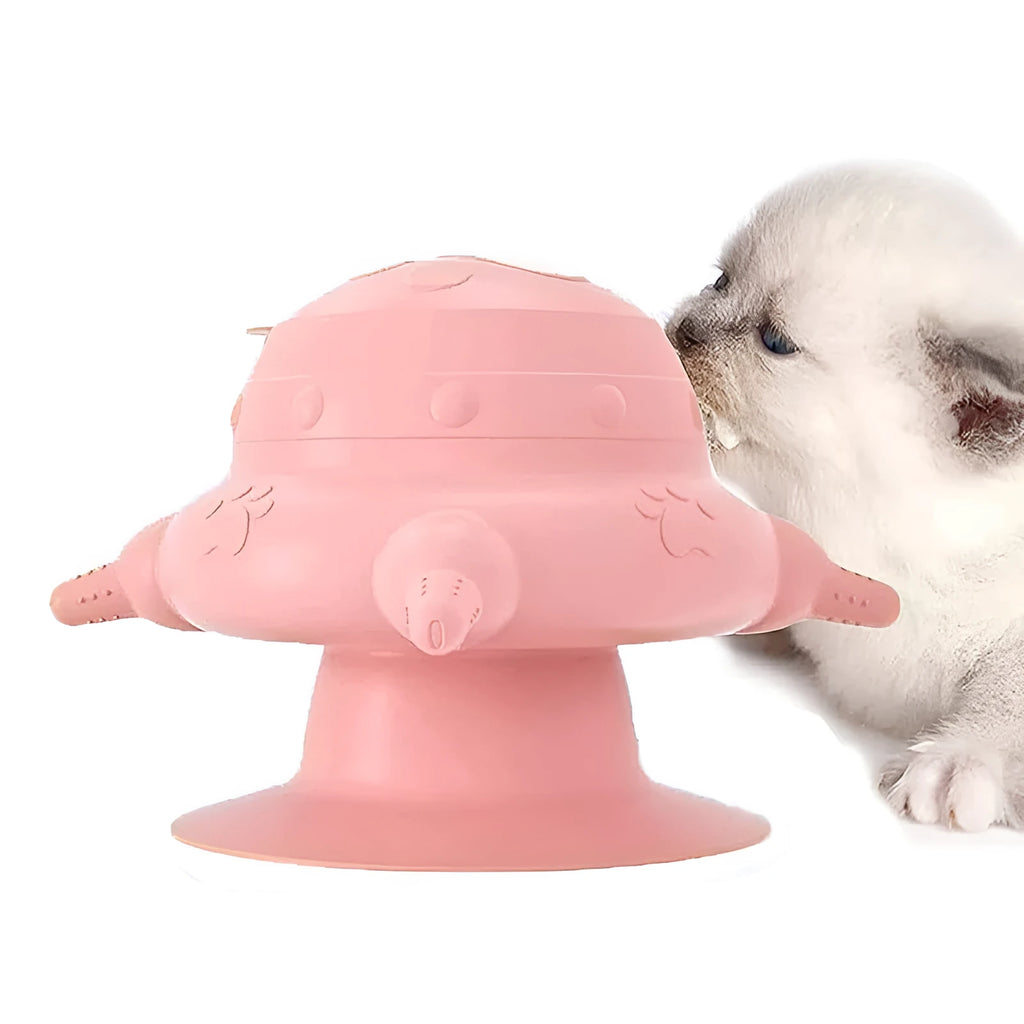 Pink silicone pet nursing milk bowl with four attached pacifiers on a flat base.