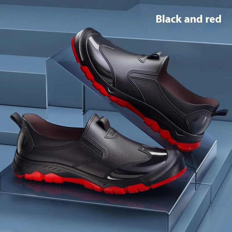 PVC short tube outdoor wading shoes with non-slip soles in black and red colour option