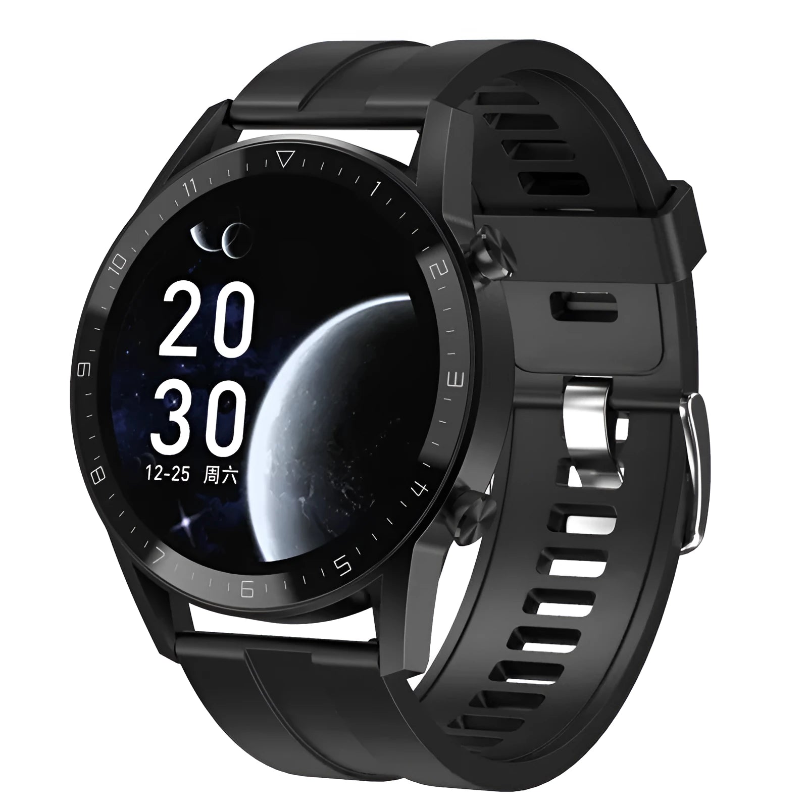 Sports smartwatch with black leather strap and 1.3-inch touchscreen displaying step count
