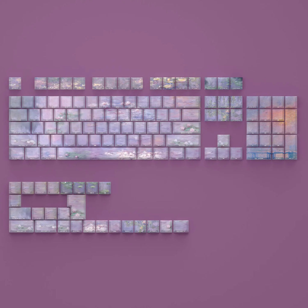Sleeping lotus themed PBT keycap set with side-carved transparent characters for mechanical keyboards