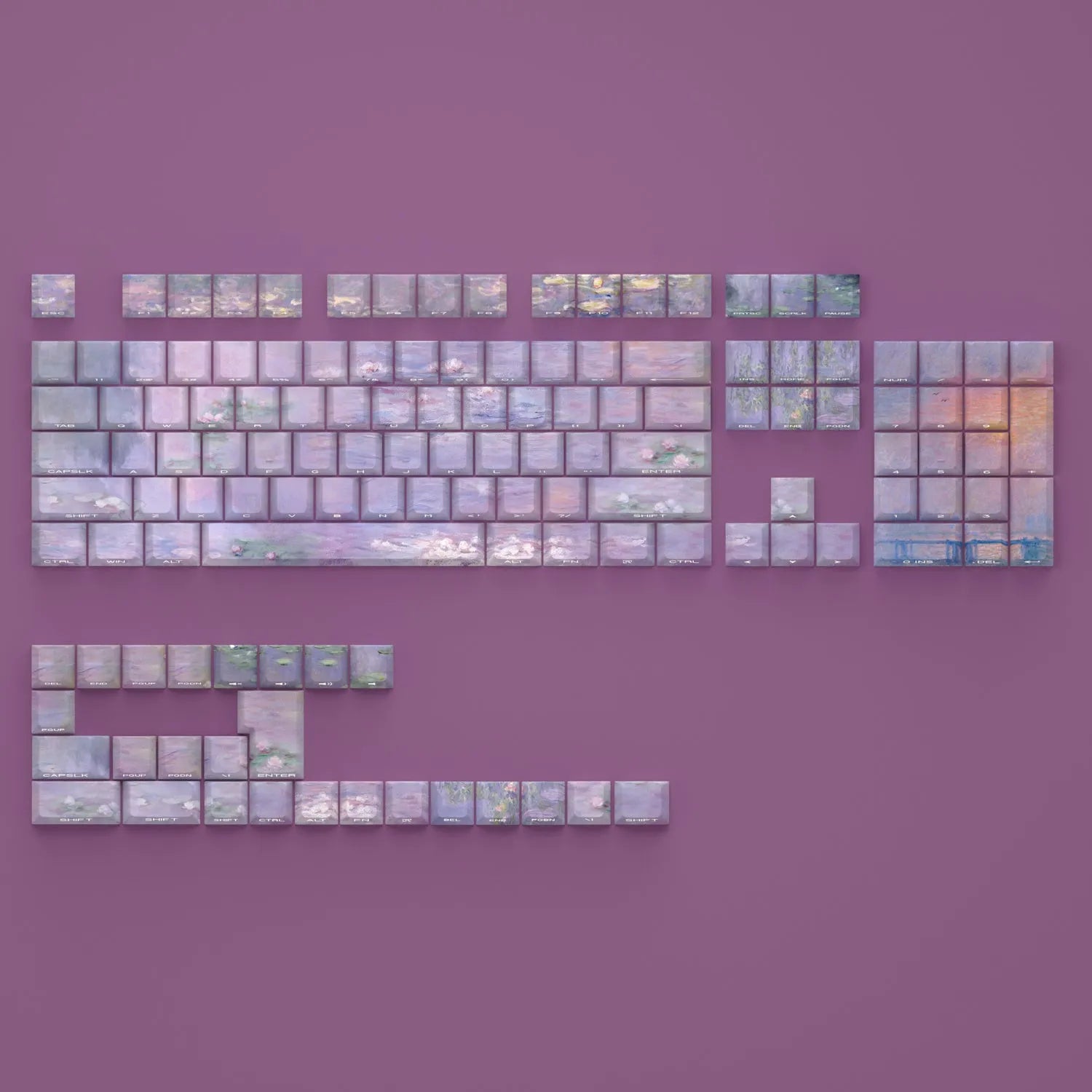Sleeping lotus themed PBT keycap set with side-carved transparent characters for mechanical keyboards