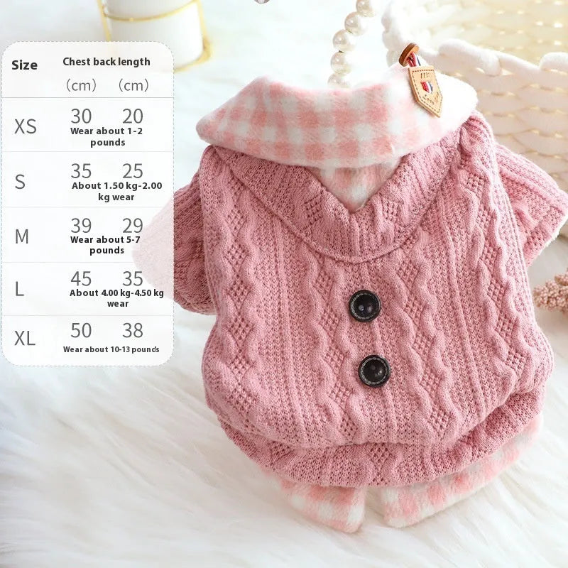 Blue wool plaid dog sweater with fleece lining shown on small dog, fake two-piece design