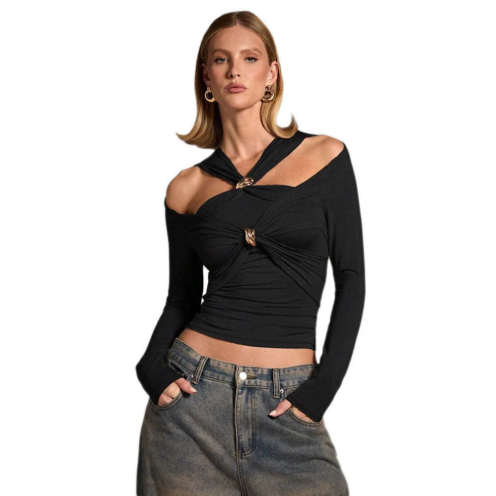 Black women's halter top with slim fit and shoulder-baring strapless design