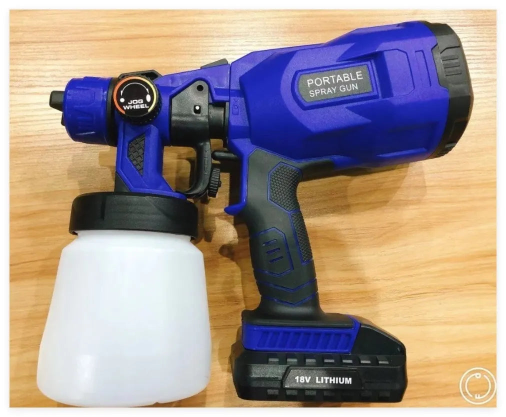 Cordless paint spray gun with blue housing and 800ml paint container showing 1.8mm nozzle