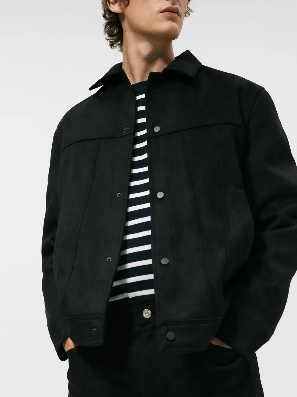 Men's black hooded casual jacket with a suede collar, shown on a model.