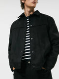 Men's black hooded casual jacket with a suede collar, shown on a model.