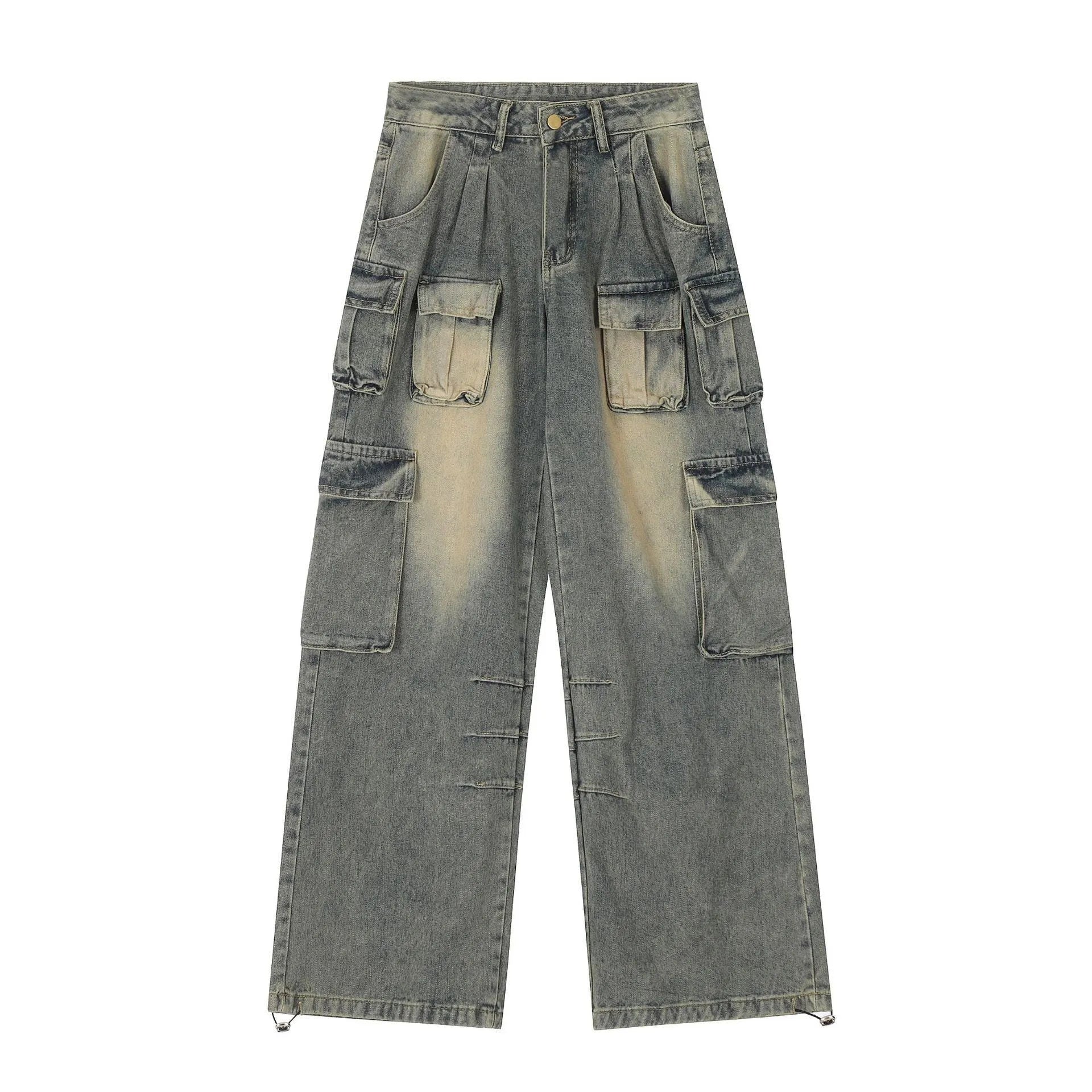 Loose fit denim pants with multiple pockets in washed distressed light blue finish