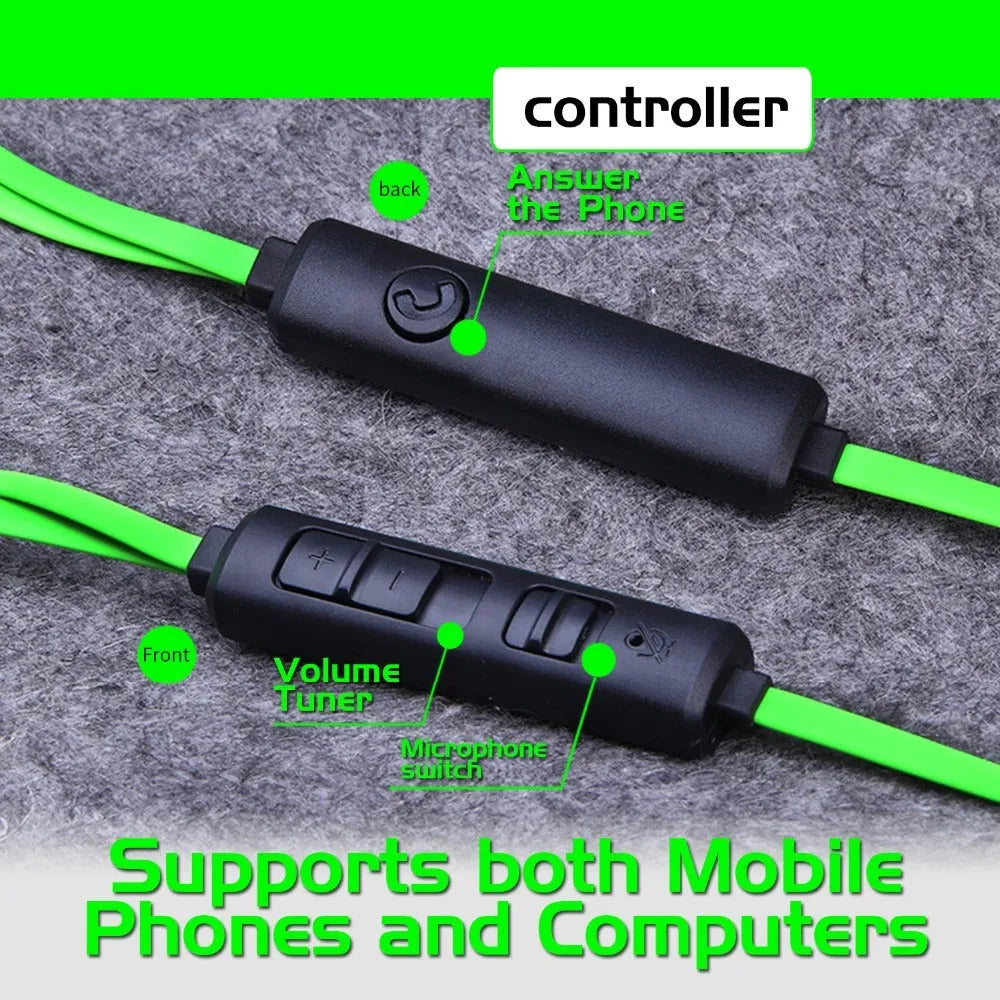 Shuangmai wired computer gaming headset in black, green and red colour options showing in-ear design and 1.5 metre cable