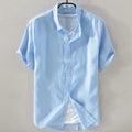 Men's short sleeve linen shirt in loose fit with solid colour options including army green and fluorescent green