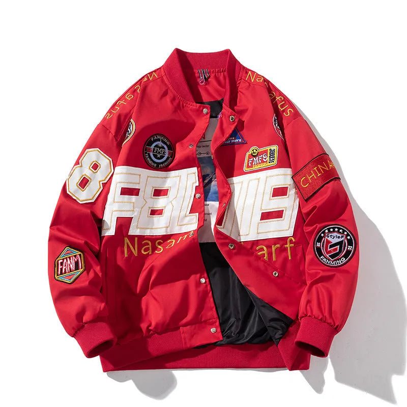 Black motorcycle baseball uniform jacket with removable hood shown in loose fit sizing