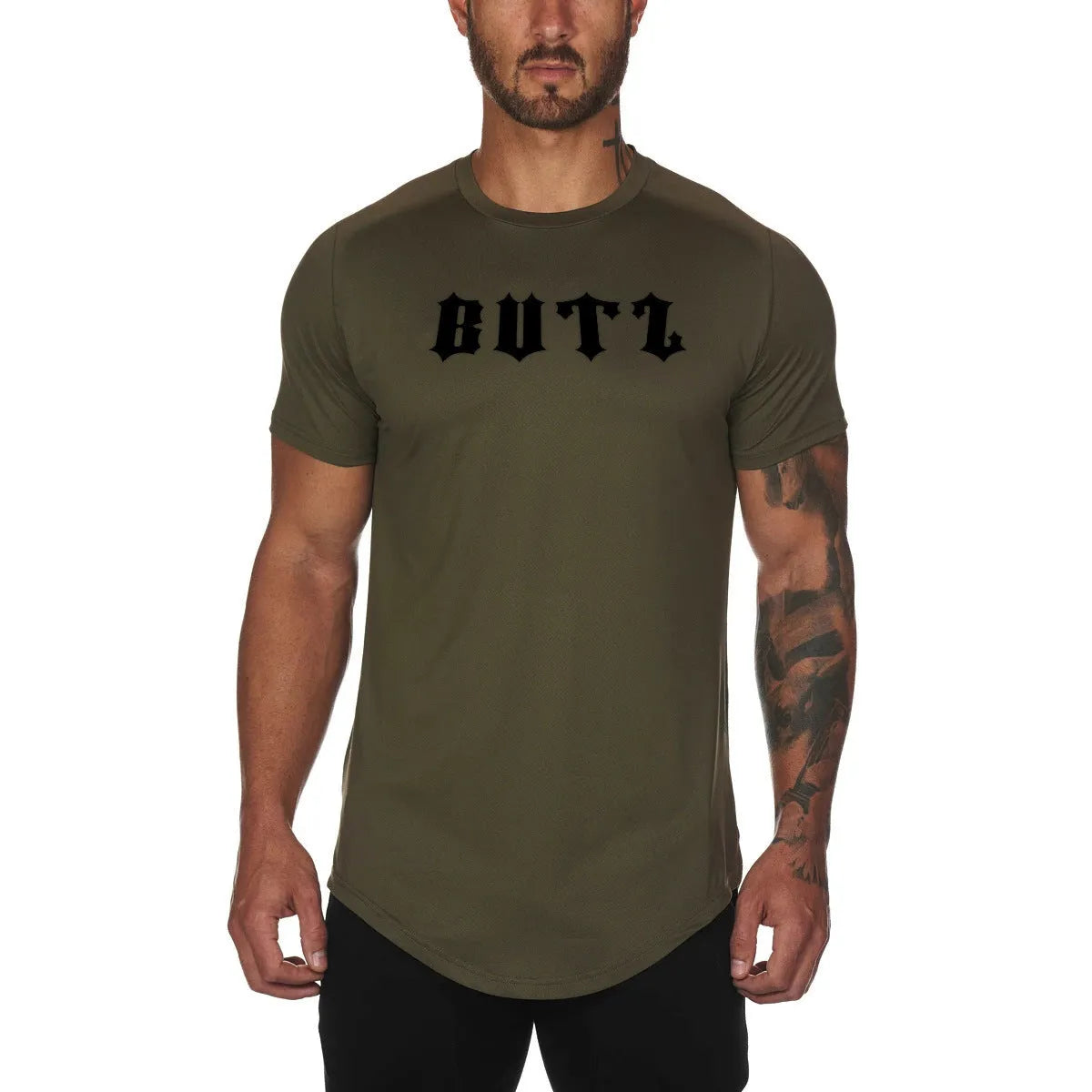 Mens plain cotton-spandex gym shirt for fitness training in army green, black and white colours