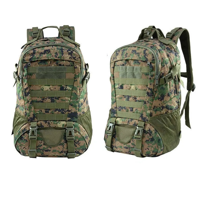 Outdoor mountaineering backpack in Oxford cloth with air pillow belt system shown in camouflage colour