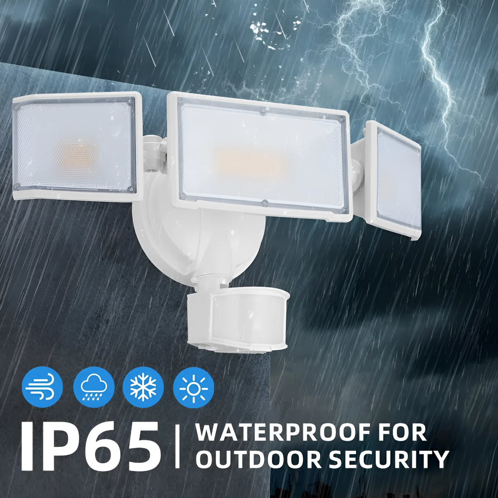 120V LED security flood light with motion sensor in white or black finish for outdoor wall or ceiling mounting