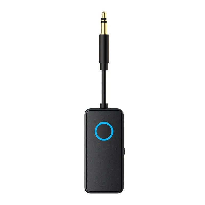 Black Bluetooth 5.4 audio adapter with flexible 3.5mm plug for wireless streaming to car stereos and headphones.