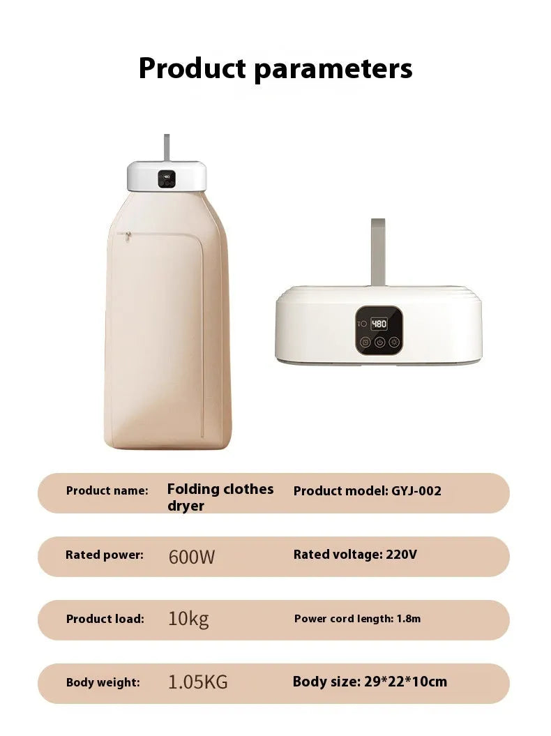 White cylindrical compact laundry dryer with remote control for small space drying