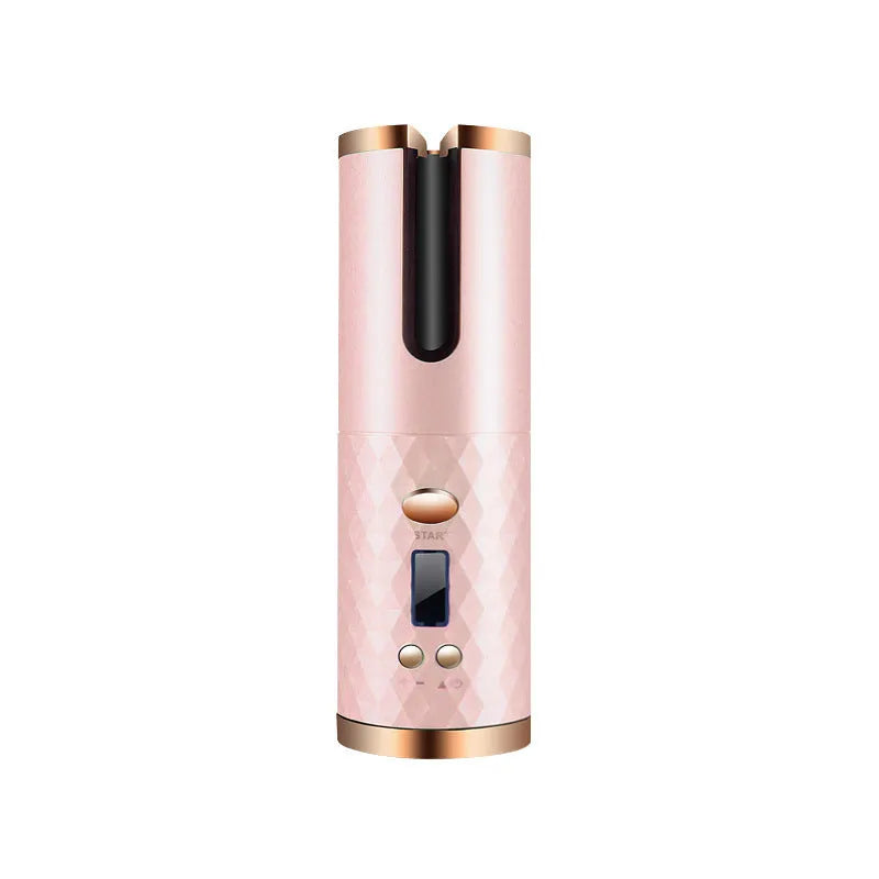 Portable mini curling iron with USB charging port and ceramic barrel on white background