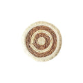 Round natural papyrus placemat with decorative tassels on a wooden table, shown in various sizes.