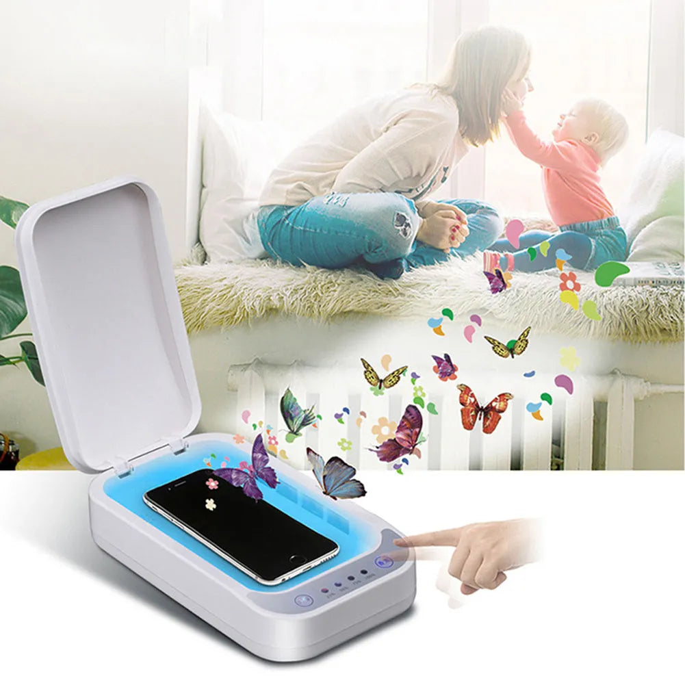 Blue and white portable UV disinfection box for mobile phones, showing compact size.