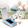 Blue and white portable UV disinfection box for mobile phones, showing compact size.