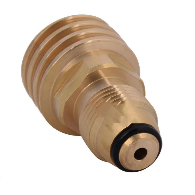 Brass gas brazier adapter with gold finish showing tapered external thread and internal thread