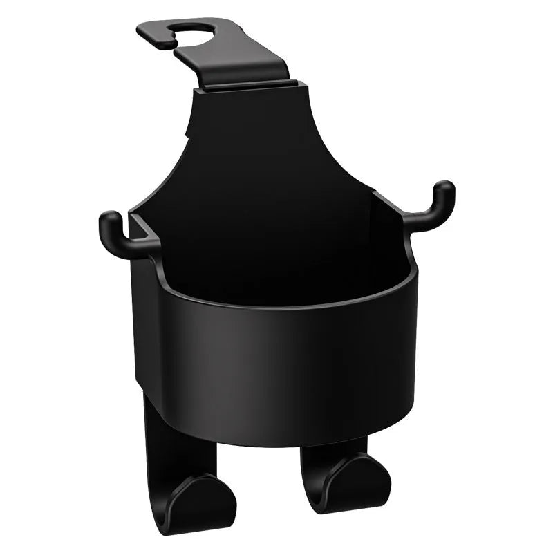 Black plastic car seat back organiser with cup holder and storage hooks for vehicle interior organisation