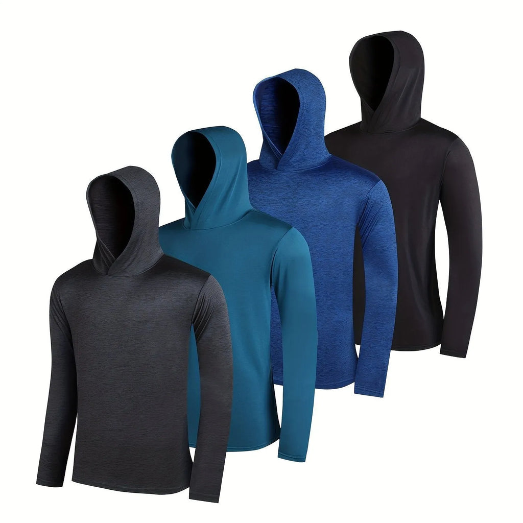 Pack of four men's lightweight hoodies in elastic polyester fibre, shown in various colours.