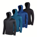 Pack of four men's lightweight hoodies in elastic polyester fibre, shown in various colours.