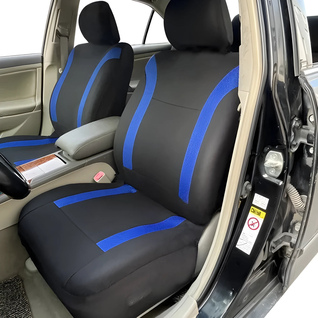 Polyester car seat covers with eyelet stitching in multiple colour options showing front and rear seat dimensions