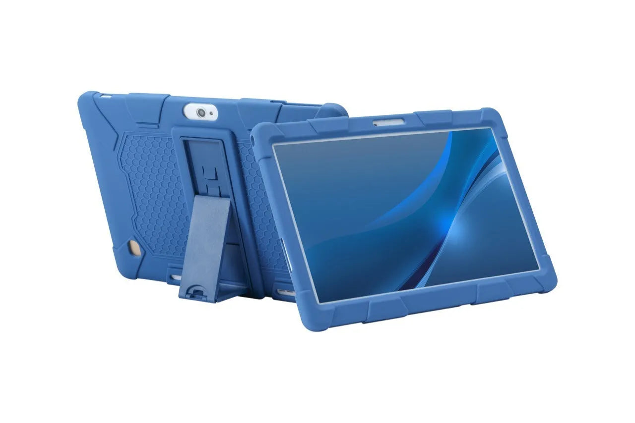 Pink silicone protective case with stand for a 10.1-inch tablet on a table.