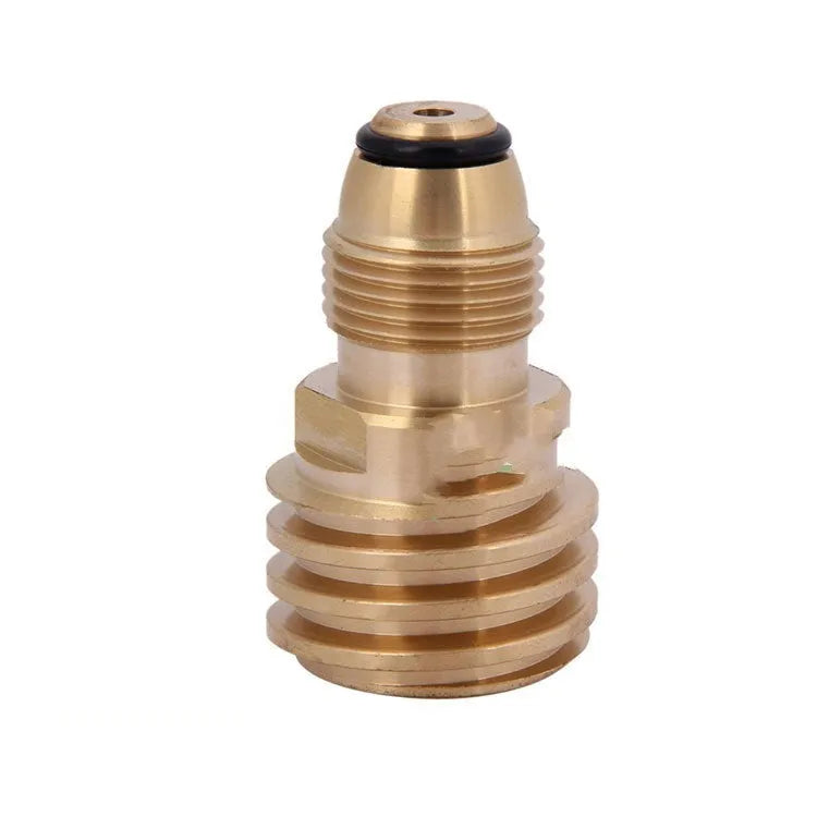 Brass gas brazier adapter with gold finish showing tapered external thread and internal thread