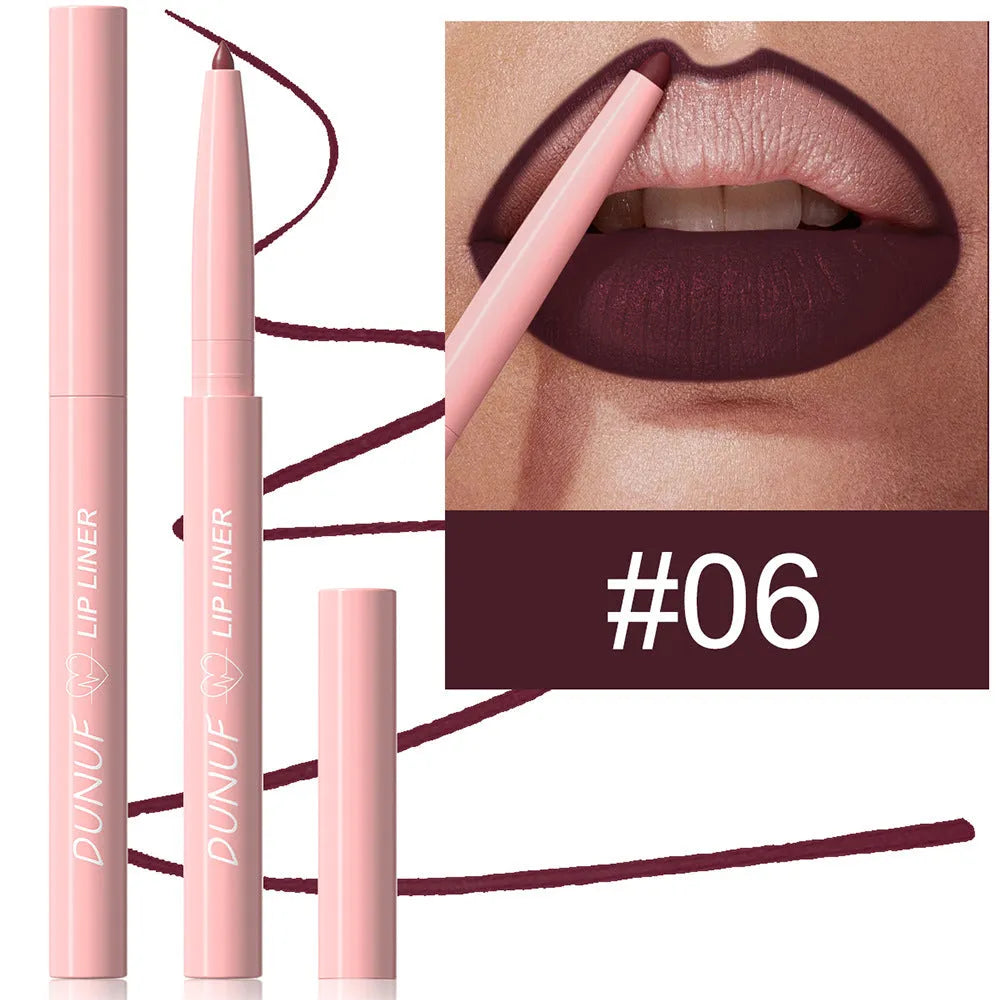 Velvet matte lip liner pencil in one of 12 available shades on a white background.