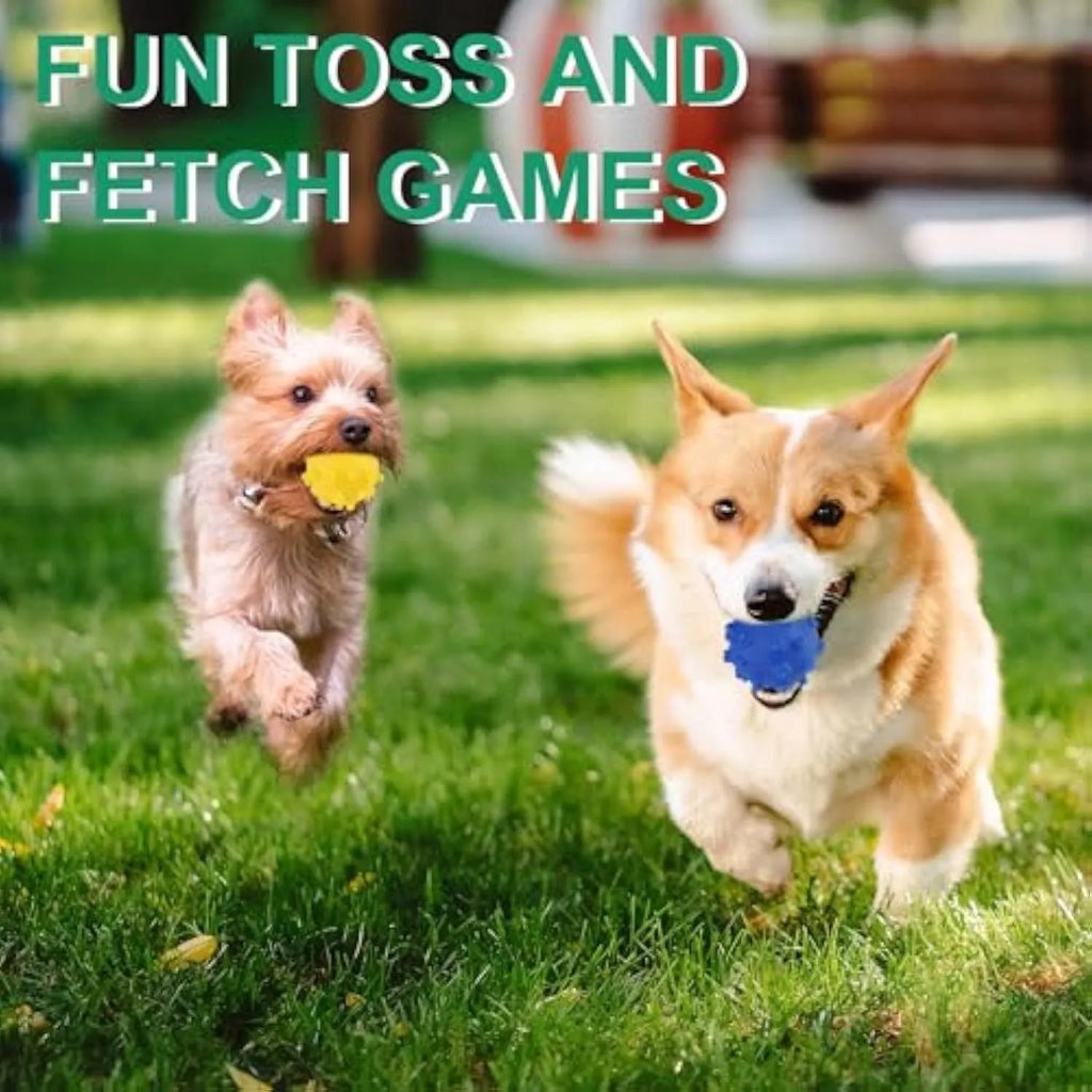 Bright blue, green, pink and yellow spiky dog balls with paw print dimples for small breed chewing and fetch.