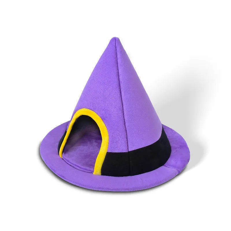 Purple cloth Halloween witch hat shaped cat bed nest measuring 60cm by 45cm