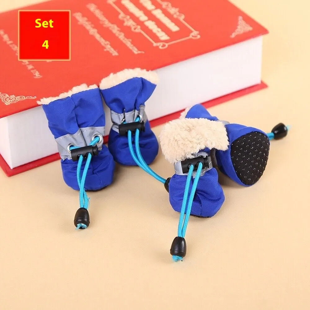 Dog shoes with soft soles in multiple colours including rose red, black, blue and monkey print designs